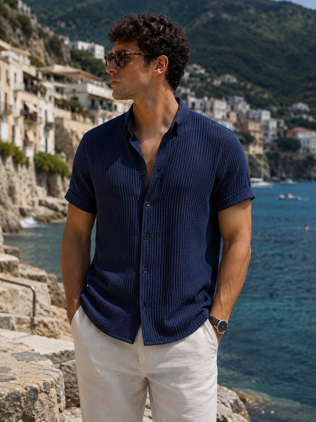 Men’s Textured Short Sleeve Shirt – Casual Slim Fit Summer Button-Up